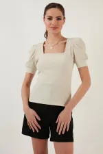 Kadın Taş Balon Kol Kare Bürümcük Kumaş Bluz