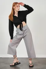 Kadın Gri Kısa Palazzo Poplin Pantolon