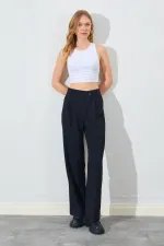 Kadın Siyah Yan Düğmeli Poliviskon Pantolon