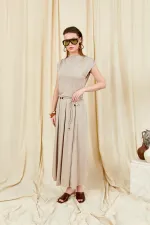 Kadın Vizon 117 Omuz Drapeli Pileli Uzun Etekli Takım