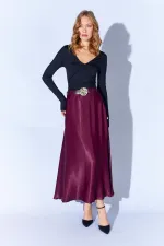 Jupe longue en satin ceinturée prune 3499 pour femme