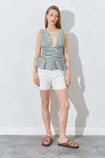 Kadın Haki Önü Arkası V Beli Drapeli Peplum Bluz