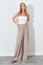 Kadın Vizon Beli Lastikli Bol Paça Kırışık Pantolon