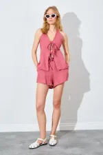 Kadın Gül Önü İp Bağlamalı Müslin Kumaş Bluzlu Şortlu Takım