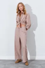 Kadın Vizon Geniş Double Boru Paça Pantolon