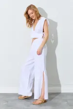 Kadın Ekru Kruveze Yaka Bağlamalı Müslin Takım