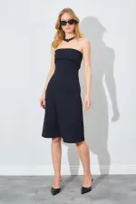 Kadın Siyah (1) Önü Katlı Straplez Krep Elbise