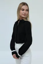 Kadın Siyah Büzgü Detaylı Crep Gömlek