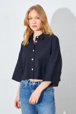 Kadın Siyah Düşük Kol Çımalı Crop Poplin Gömlek