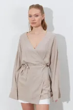 Kadın Koyu Bej Kruvaze Yaka İp Bağlamalı Ceket