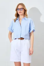 Kadın Mavi Çift Cepli Düşük Kol Crop Gömlek