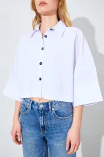Kadın Beyaz Düşük Kol Çımalı Crop Poplin Gömlek