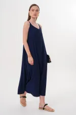 Women's Navy Blue Strappy Muslin Long Dress with Side Slit