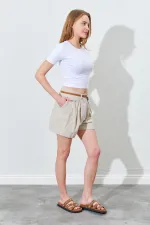 Kadın Taş Duble Paça Keten Şort