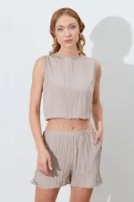 Kadın Vizon Kolsuz Bluzlu Şortlu Takım