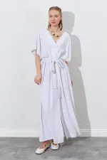 Kadın Naturel Düşük Kol Beli Tünel Kemerli Keten Uzun Elbise