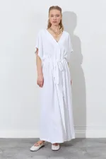 Kadın Beyaz Düşük Kol Beli Tünel Kemerli Keten Uzun Elbise