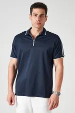 Erkek Lacivert Ayaklı Yaka Fermuarlı Omuz Şeritli Kagi Tişört