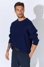 Pull en maille à col rond bleu marine pour homme (TRZ050)