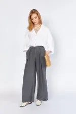 Women's Anthracite YP5115 Double Pleated Wide Leg Tencel Trousers