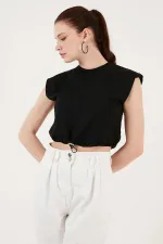 Kadın Siyah Eteği Stoplu Düşük Kol Süprem Tişört