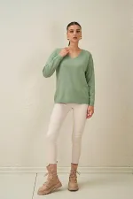 Kadın Çağla V Yaka Salaş Triko Kazak