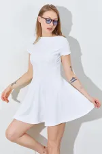 Kadın Ekru Kısa Kollu Parçalı Volanlı Double Kumaş Elbise