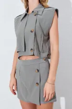 Kadın Haki Yelekli Şort Etekli Takım