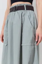 Kadın Haki Palaska Kemerli Önü Cepli Gabardin Etek