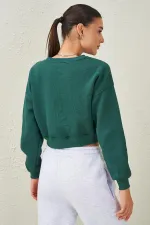 Women's Navy Blue Crew Neck Three-Thread Oversize Crop Sweatshirt