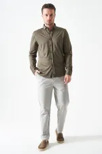 Erkek Haki Uzun Kol Ripaş Dalgıç Slim Fit Gömlek