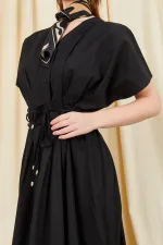 Kadın Siyah 199 Düşük Kol Pile Detaylı Önü Düğmeli Poplin Elbise