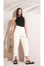 Kadın Naturel Paça Pileli Bel Cep Detaylı Balıksırtı Gabardin Pantolon