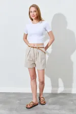 Kadın Taş Duble Paça Keten Şort