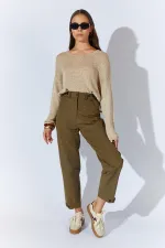 Kadın Haki Beli Düğmeli Çift Dikişli Pantolon