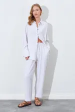 Kadın Naturel Beli Lastikli Havuç Kesim Keten Pantolon