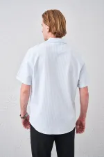 Erkek Mavi Kısa Kollu Apaş Yaka Gofre Flato Çizgili Regular Fit Gömlek