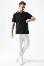 T-shirt homme noir à col boutonné en piqué modal