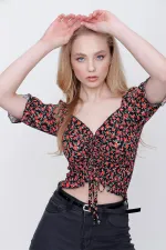 Kadın Desen-3 Gipeli Ön Büzgülü Crop Bluz