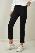 Pantalon de survêtement basique noir pour femme, taille élastique, ourlet droit, deux fils
