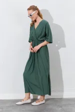 Kadın Haki Düşük Kol Yanları Yırtmaçlı Uzun Elbise