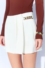 Kadın Krem 2043 Yanı Gold Aksesuar Detaylı Pileli Şort Etek