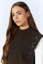 Kadın Kahve Bisiklet Yaka Desenli Triko Süveter