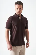 Erkek Kahve Ayaklı Düğmeli Yaka Desenli Şerit Detaylı Tişört