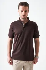 Erkek Kahve Ayaklı Düğmeli Yaka Desenli Şerit Detaylı Tişört