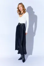 Jupe longue en satin noir ceinturée pour femme 3499