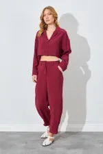 Kadın Bordo Paça Düğmeli Modal Kumaş Pantolon