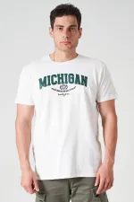 Erkek Ekru Bisiklet Yaka MICHIGAN Baskı Tişört