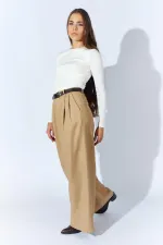 Kadın Bej Beli Kalın Kemer Palazzo Pantolon