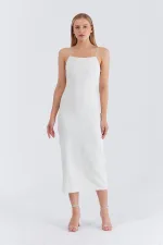 Kadın Ekru Askılı Uzun Elbise